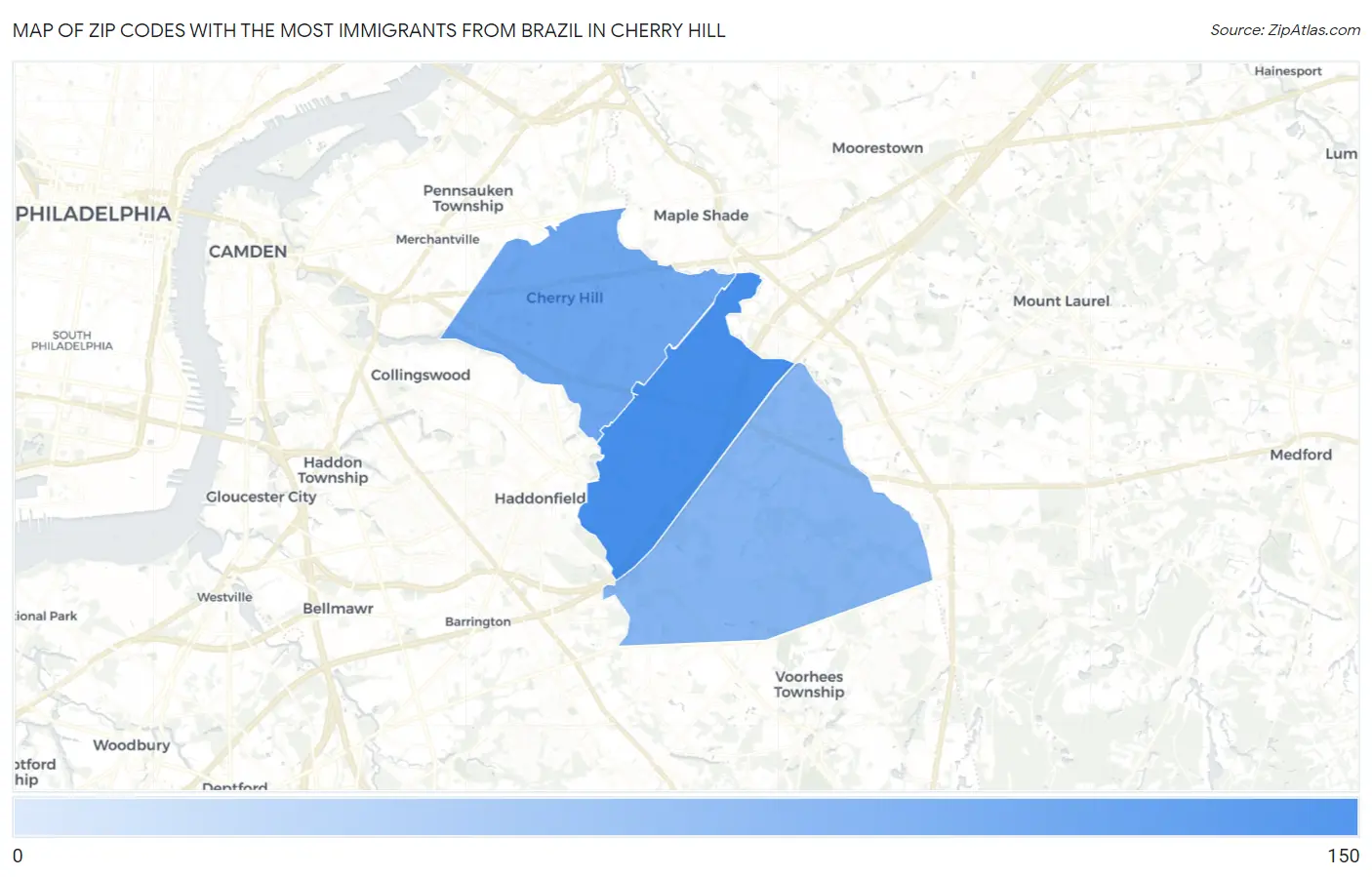 Zip Codes with the Most Immigrants from Brazil in Cherry Hill Map