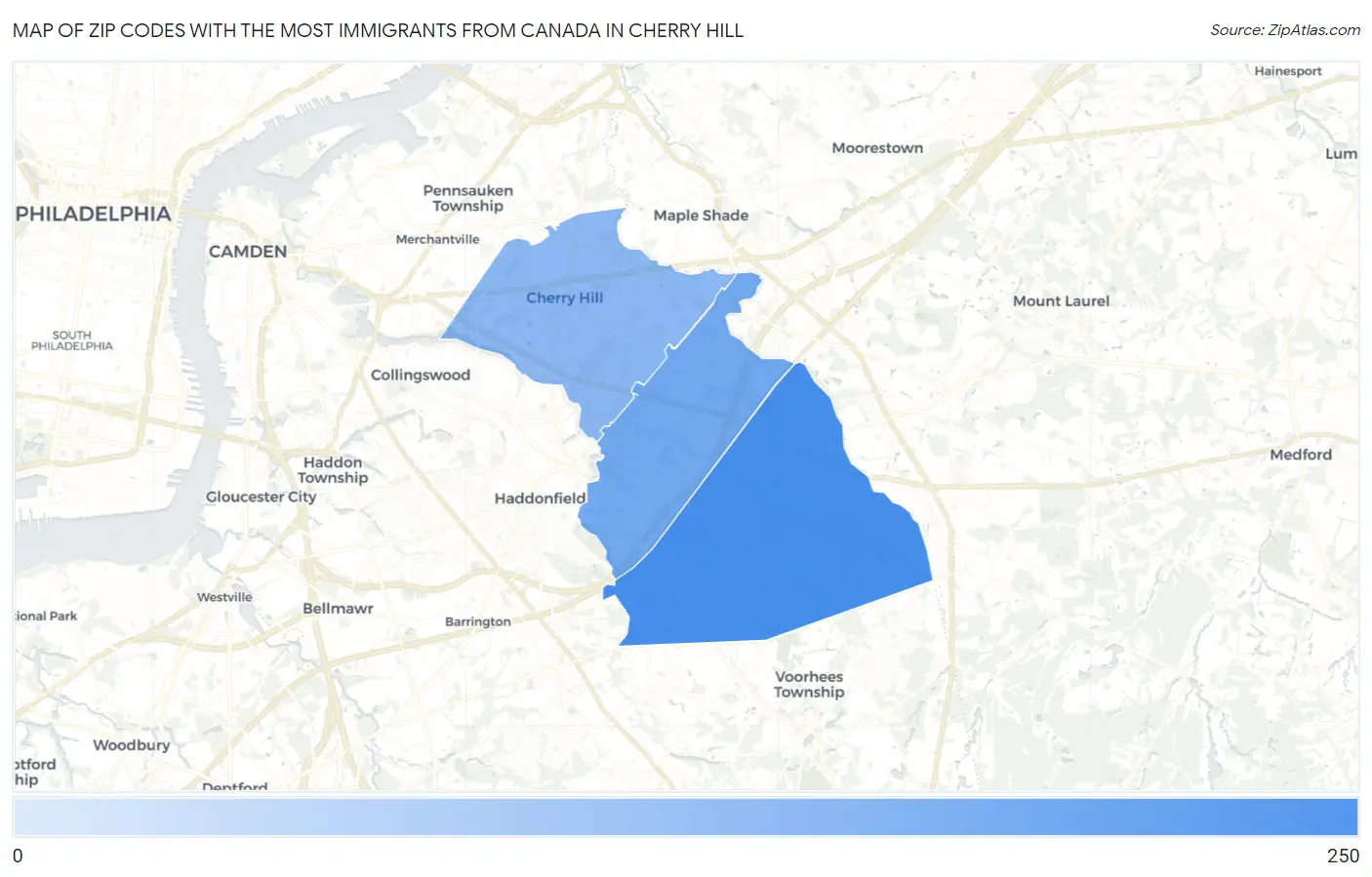 Zip Codes with the Most Immigrants from Canada in Cherry Hill Map