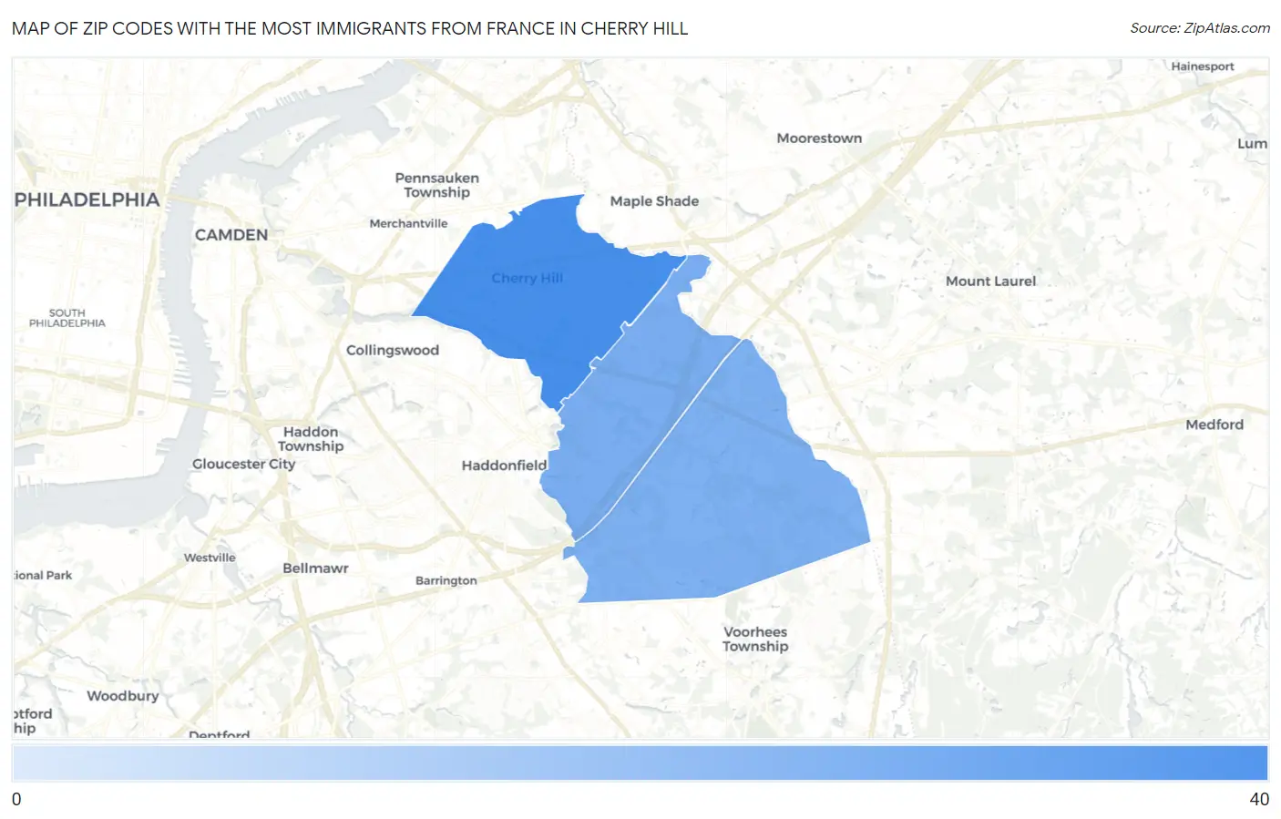Zip Codes with the Most Immigrants from France in Cherry Hill Map
