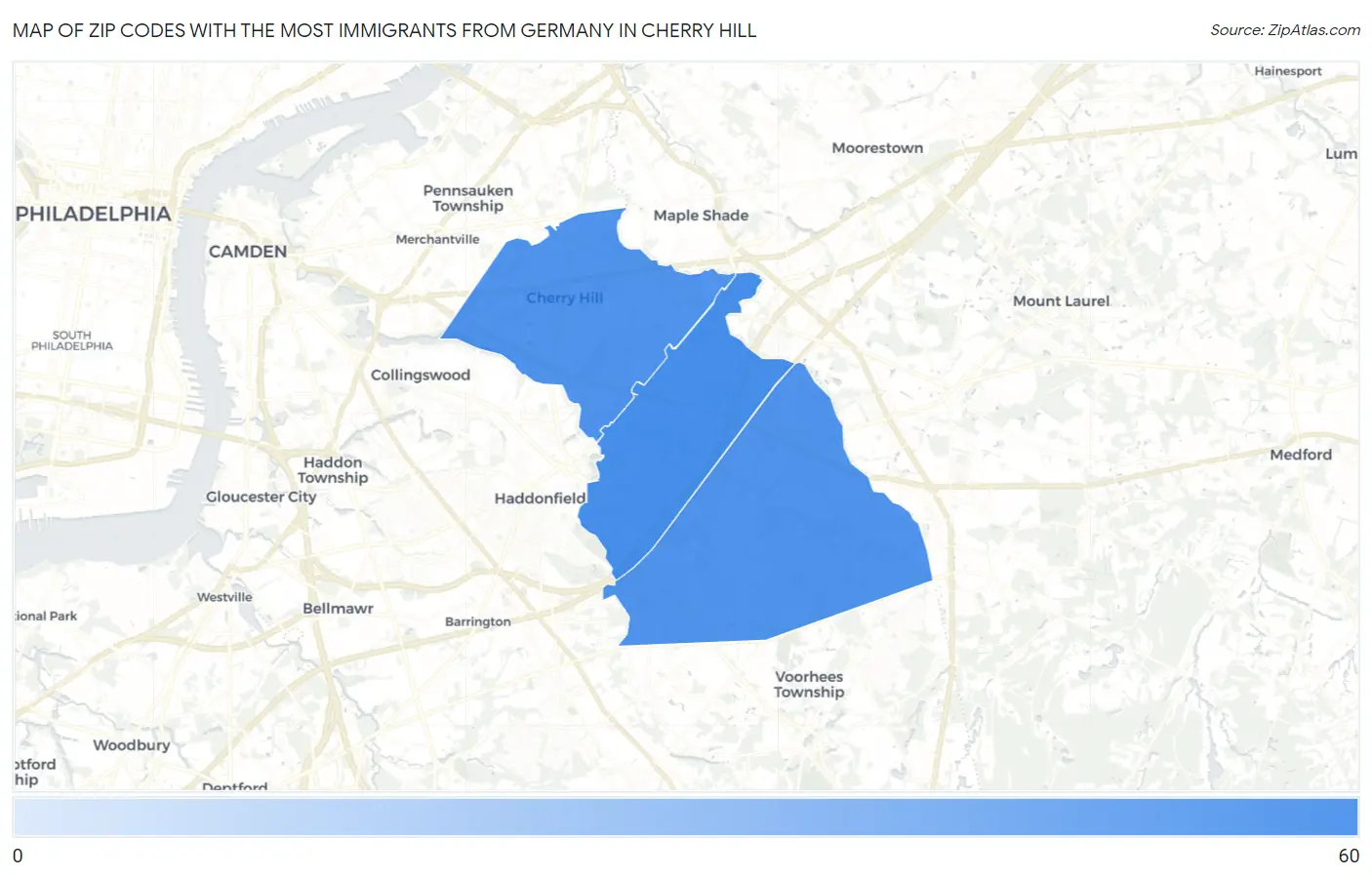 Zip Codes with the Most Immigrants from Germany in Cherry Hill Map