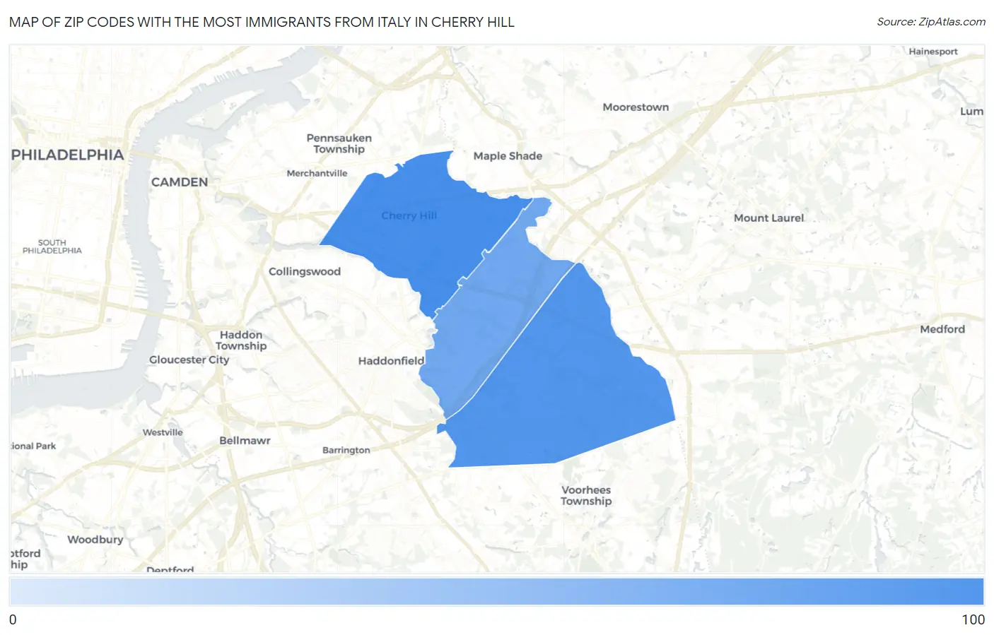 Zip Codes with the Most Immigrants from Italy in Cherry Hill Map