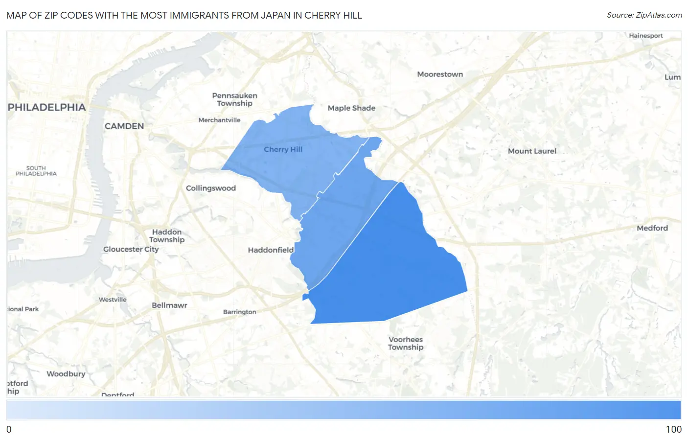 Zip Codes with the Most Immigrants from Japan in Cherry Hill Map