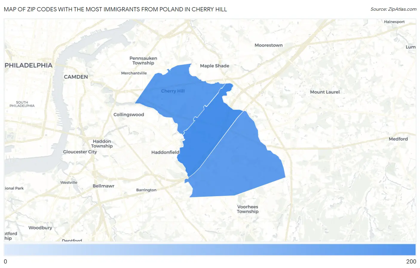 Zip Codes with the Most Immigrants from Poland in Cherry Hill Map