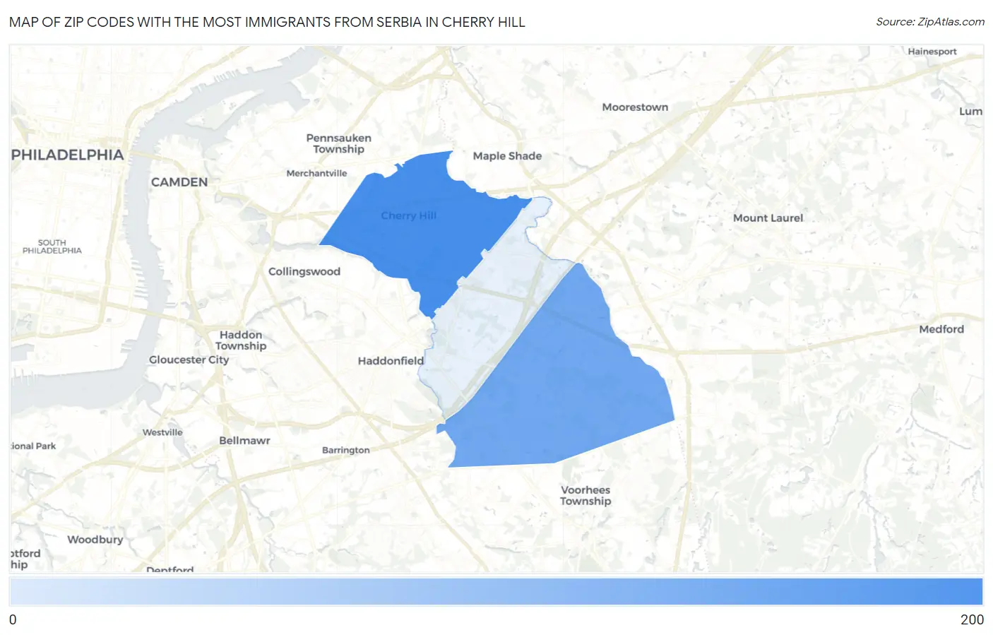 Zip Codes with the Most Immigrants from Serbia in Cherry Hill Map