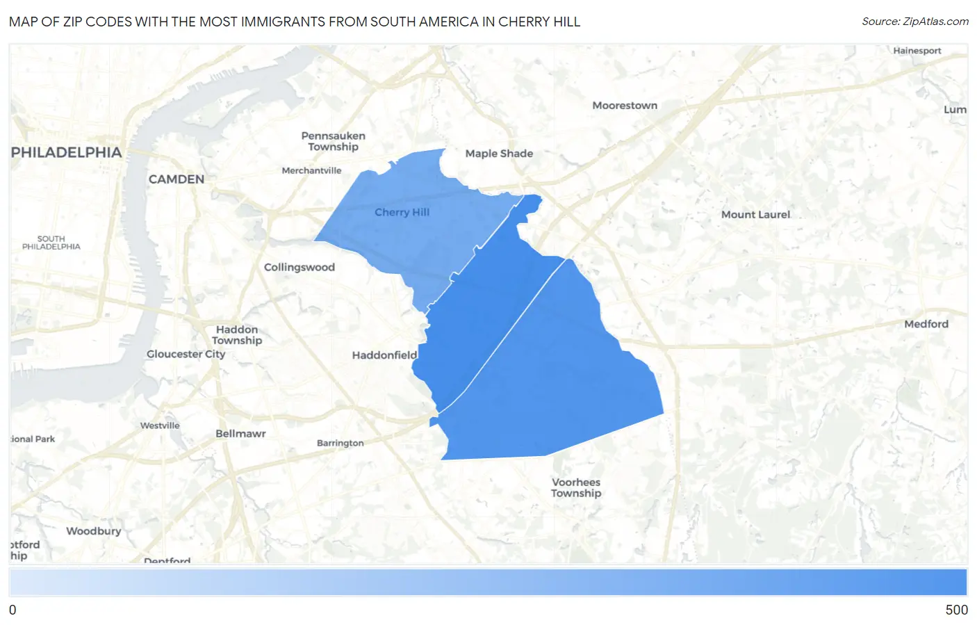 Zip Codes with the Most Immigrants from South America in Cherry Hill Map
