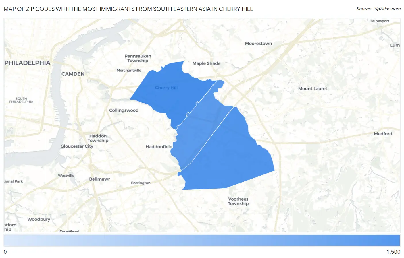 Zip Codes with the Most Immigrants from South Eastern Asia in Cherry Hill Map