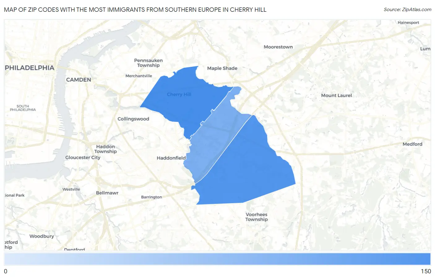 Zip Codes with the Most Immigrants from Southern Europe in Cherry Hill Map