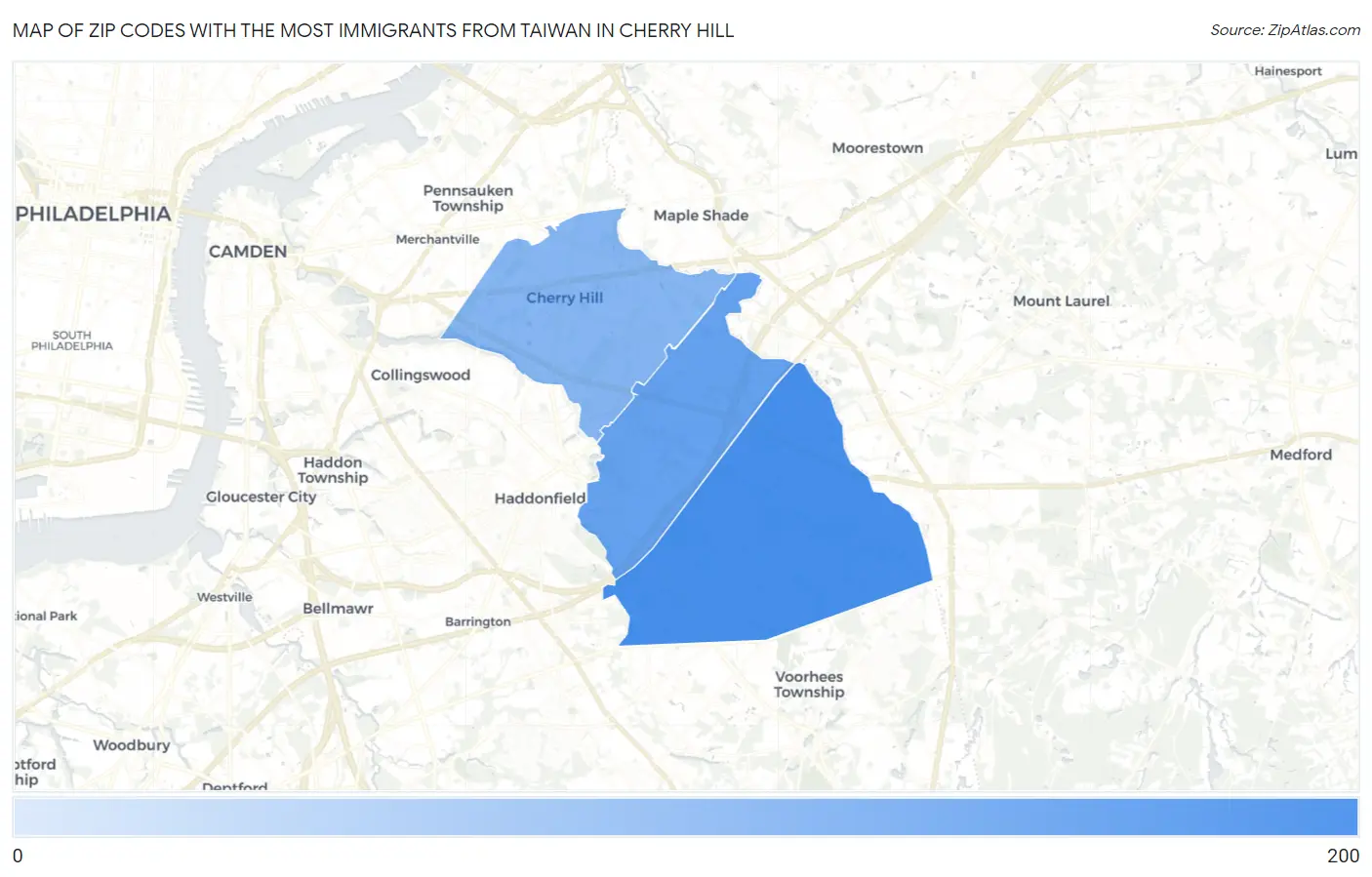 Zip Codes with the Most Immigrants from Taiwan in Cherry Hill Map