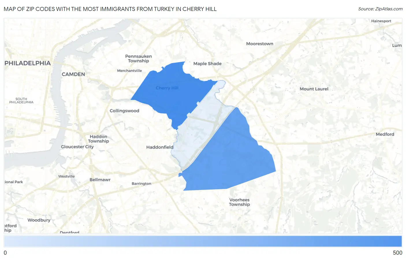 Zip Codes with the Most Immigrants from Turkey in Cherry Hill Map