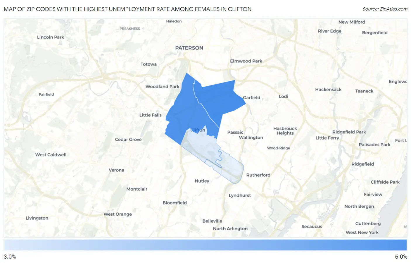 Zip Codes with the Highest Unemployment Rate Among Females in Clifton Map