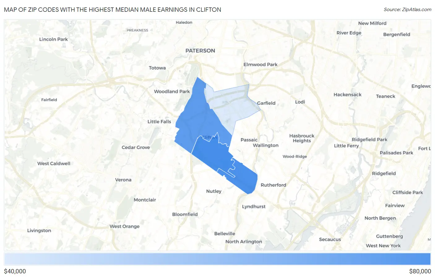 Zip Codes with the Highest Median Male Earnings in Clifton Map