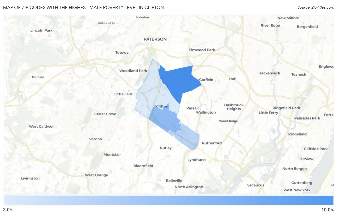 Zip Codes with the Highest Male Poverty Level in Clifton Map