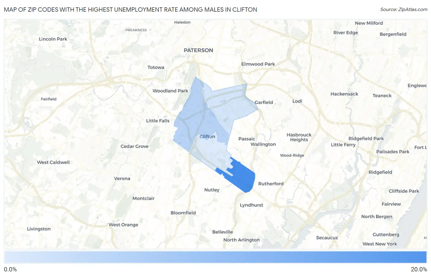 Zip Codes with the Highest Unemployment Rate Among Males in Clifton Map