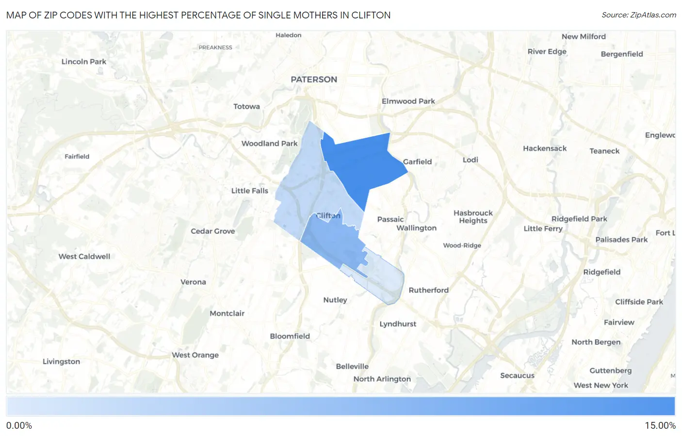 Zip Codes with the Highest Percentage of Single Mothers in Clifton Map