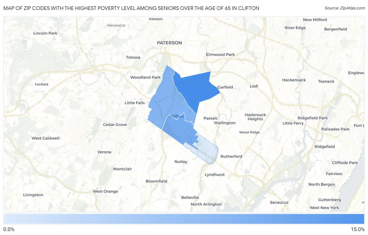 Zip Codes with the Highest Poverty Level Among Seniors Over the Age of 65 in Clifton Map