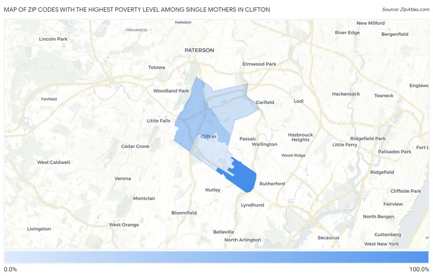 Zip Codes with the Highest Poverty Level Among Single Mothers in Clifton Map