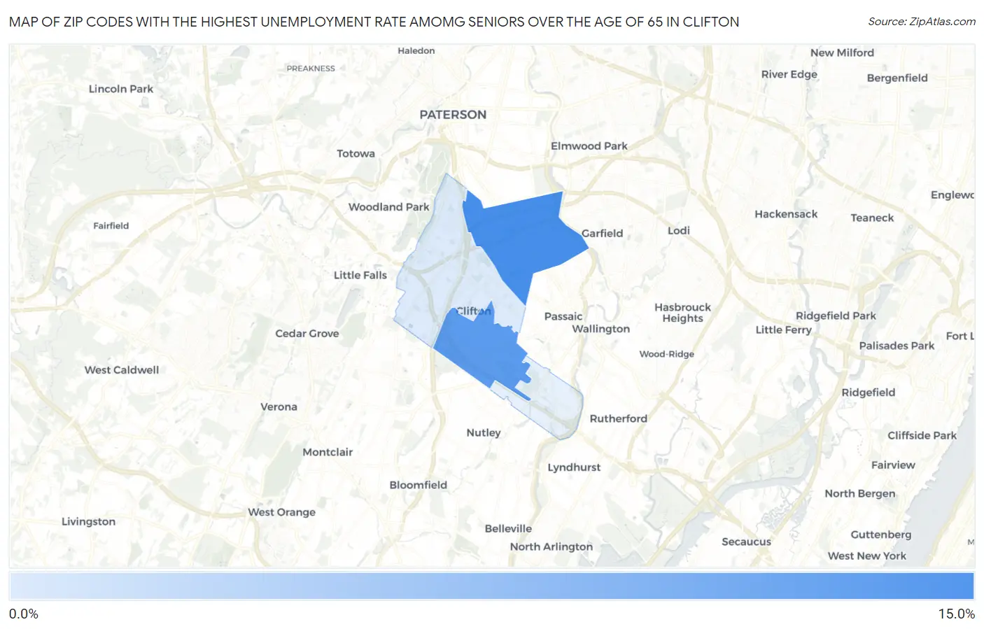 Zip Codes with the Highest Unemployment Rate Amomg Seniors Over the Age of 65 in Clifton Map