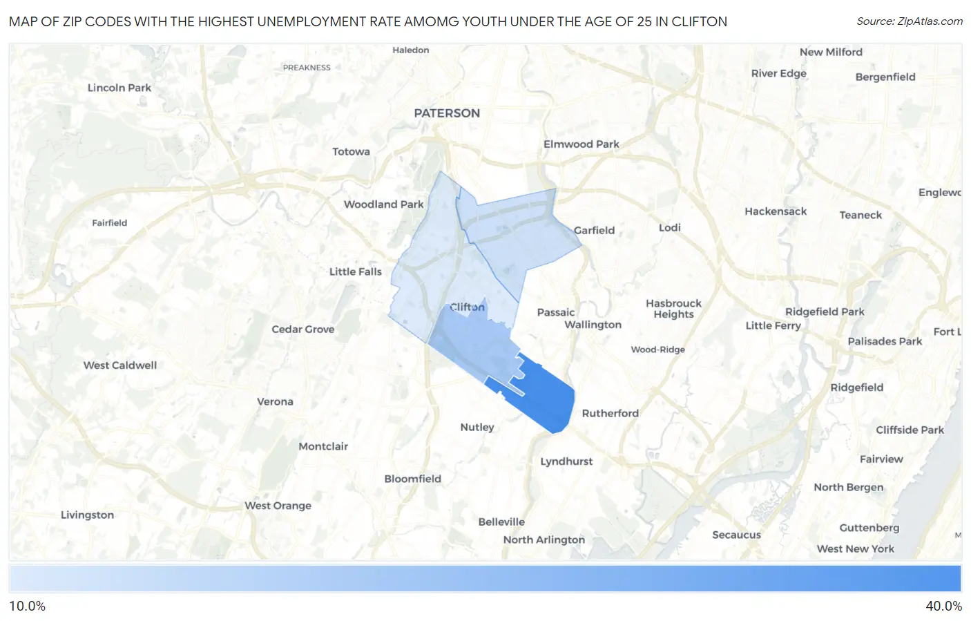 Zip Codes with the Highest Unemployment Rate Amomg Youth Under the Age of 25 in Clifton Map
