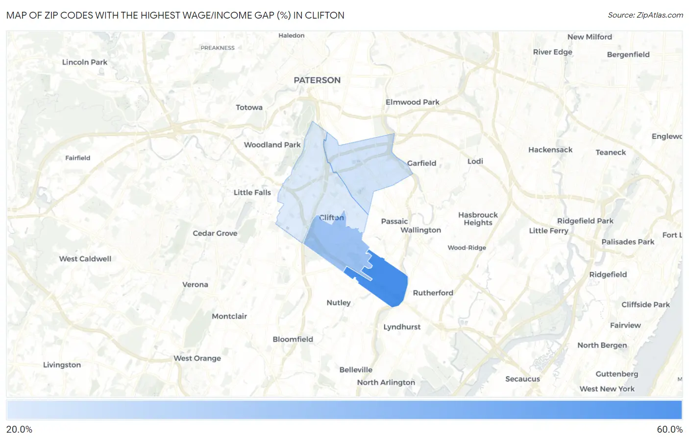Zip Codes with the Highest Wage/Income Gap (%) in Clifton Map