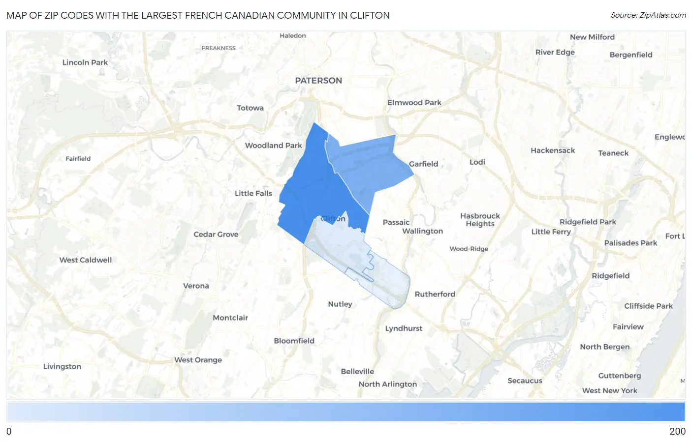 Zip Codes with the Largest French Canadian Community in Clifton Map