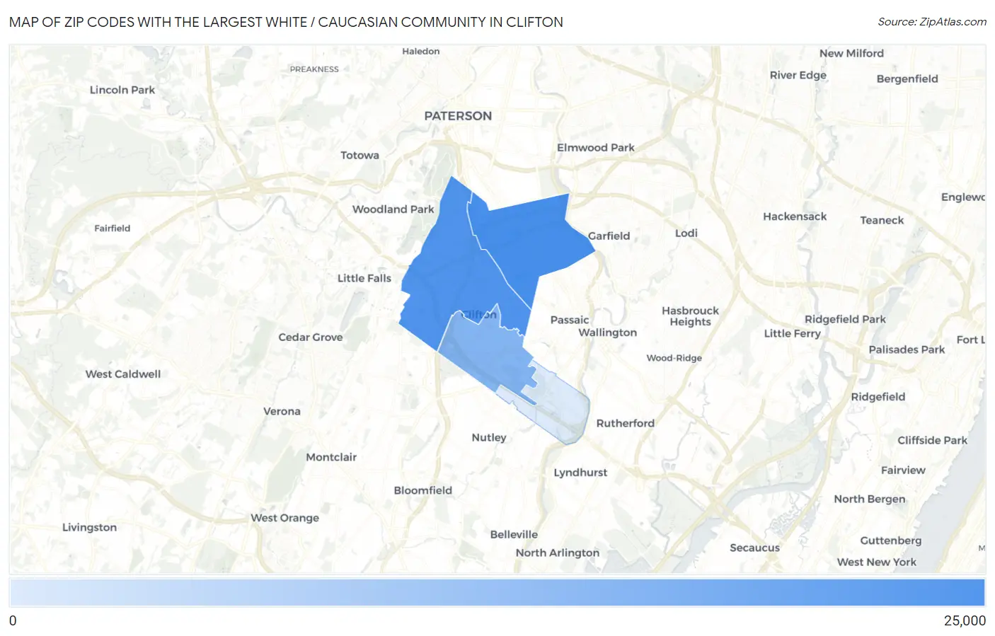 Zip Codes with the Largest White / Caucasian Community in Clifton Map