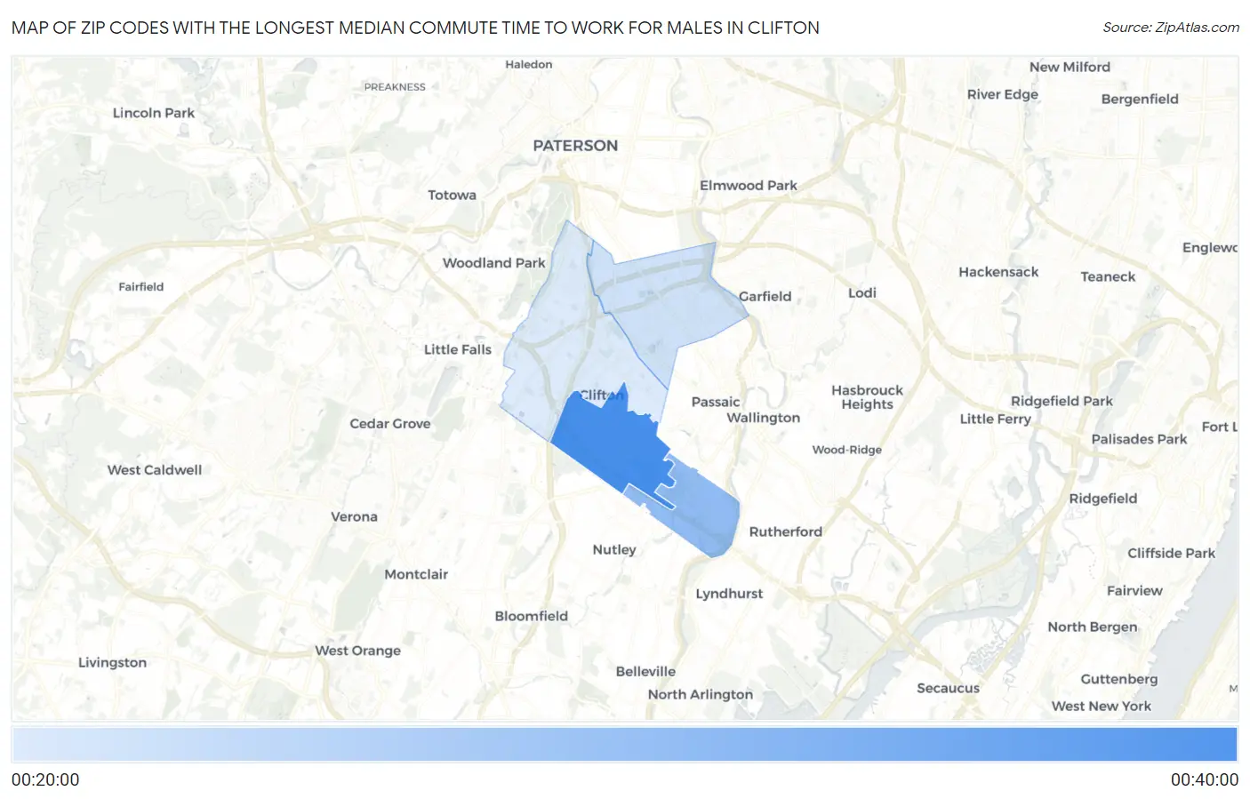 Zip Codes with the Longest Median Commute Time to Work for Males in Clifton Map