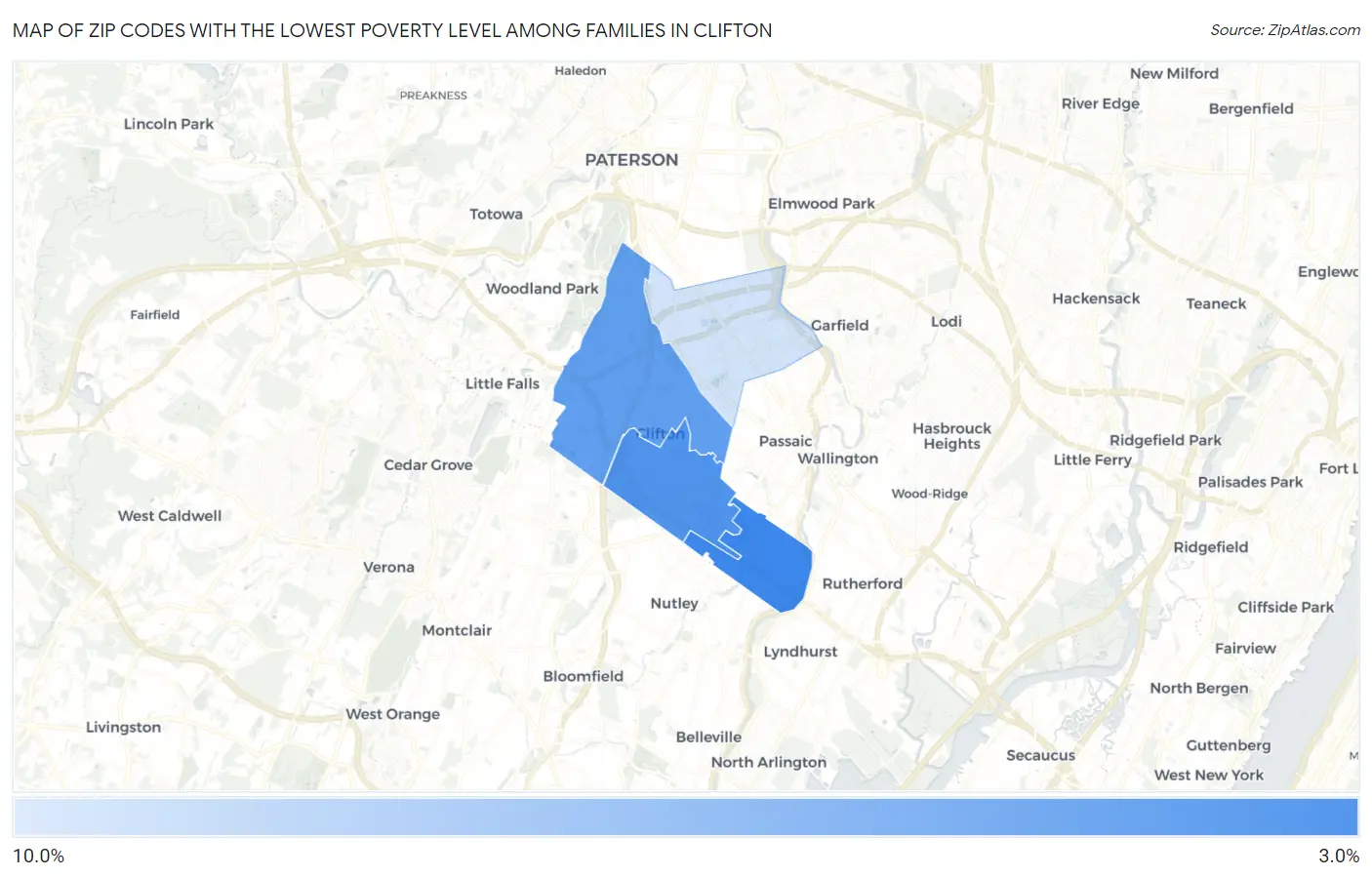 Zip Codes with the Lowest Poverty Level Among Families in Clifton Map