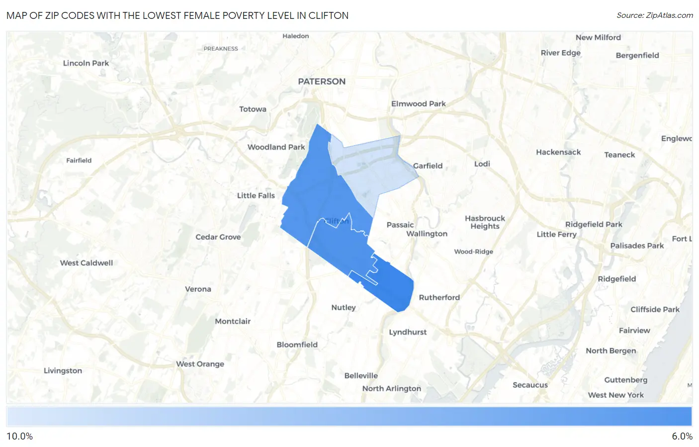 Zip Codes with the Lowest Female Poverty Level in Clifton Map