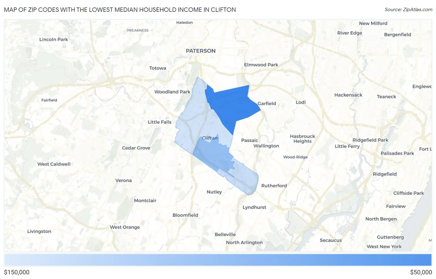 Zip Codes with the Lowest Median Household Income in Clifton Map