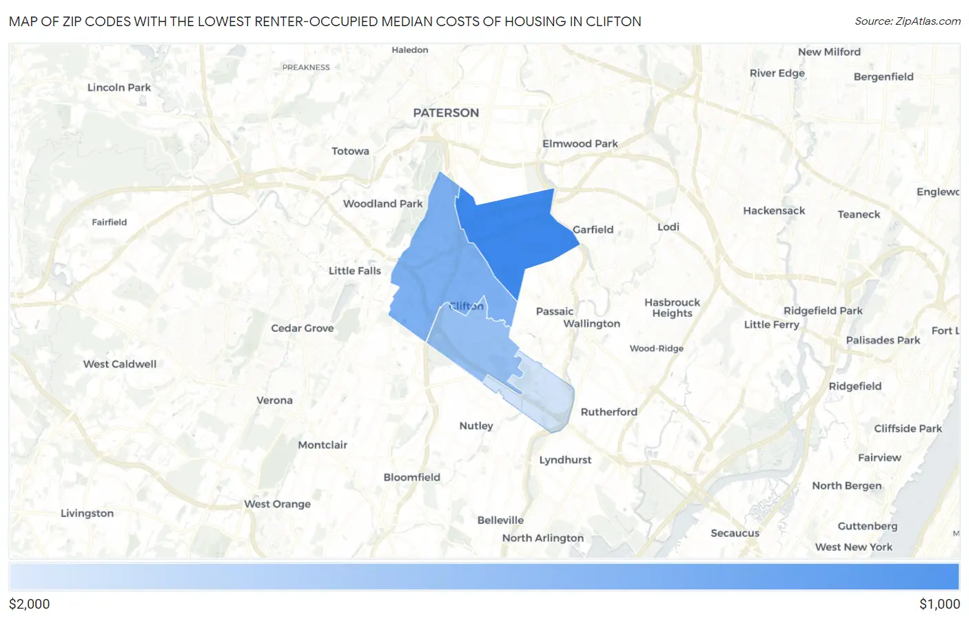 Zip Codes with the Lowest Renter-Occupied Median Costs of Housing in Clifton Map