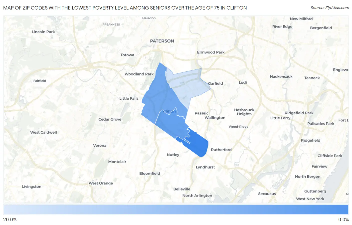 Zip Codes with the Lowest Poverty Level Among Seniors Over the Age of 75 in Clifton Map