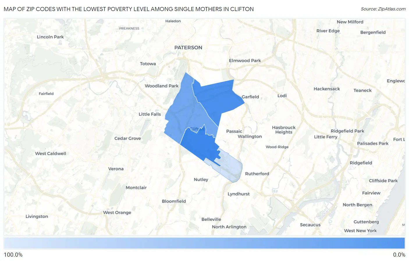 Zip Codes with the Lowest Poverty Level Among Single Mothers in Clifton Map
