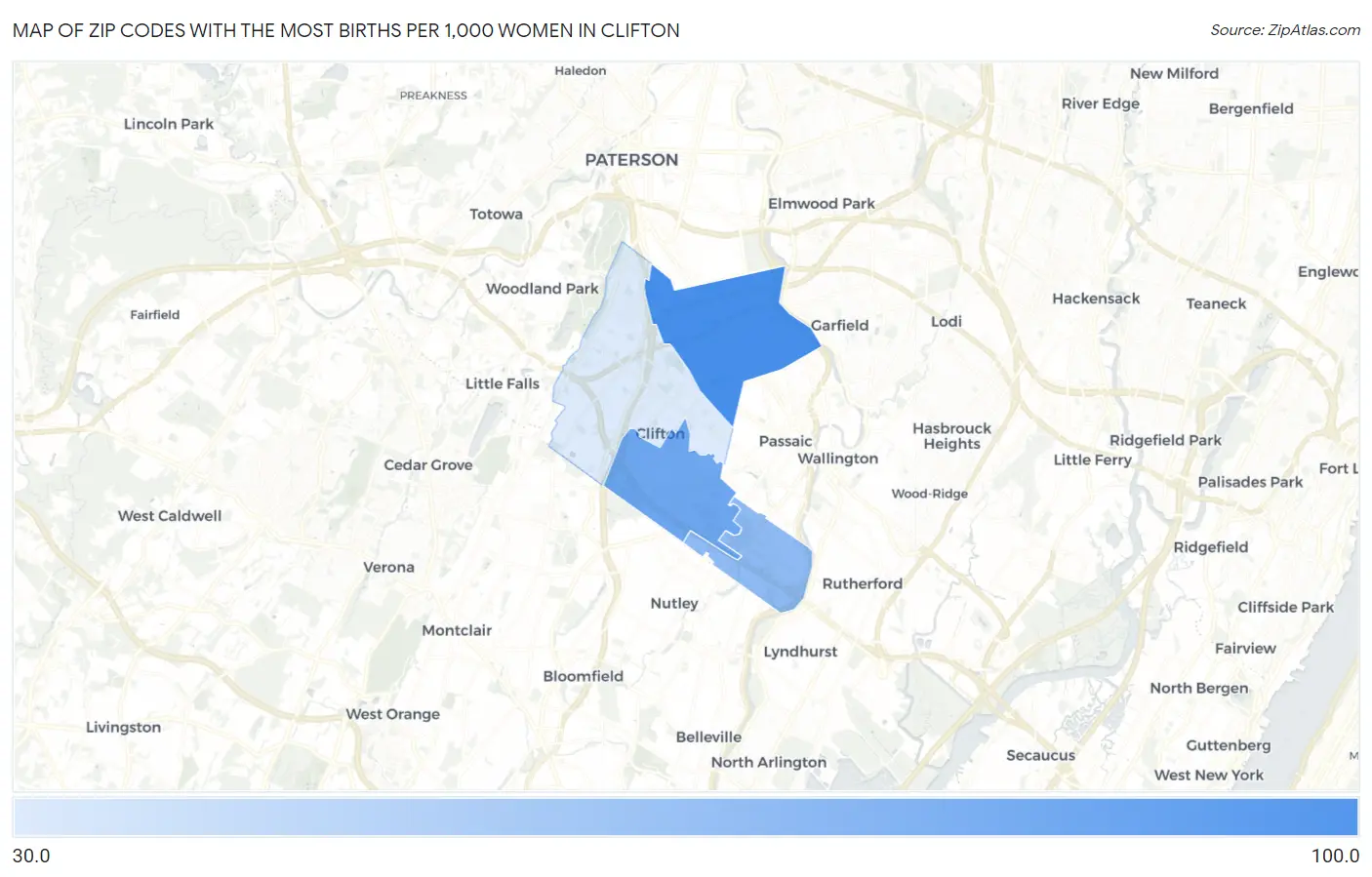 Zip Codes with the Most Births per 1,000 Women in Clifton Map