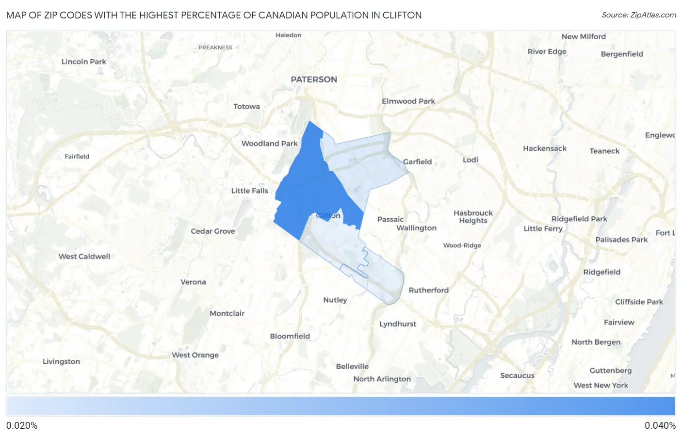 Zip Codes with the Highest Percentage of Canadian Population in Clifton Map