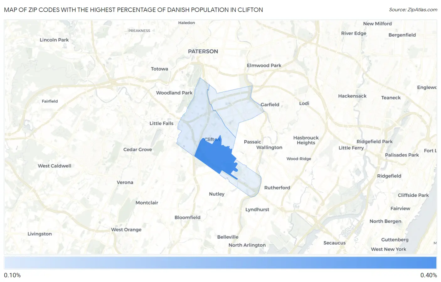 Zip Codes with the Highest Percentage of Danish Population in Clifton Map