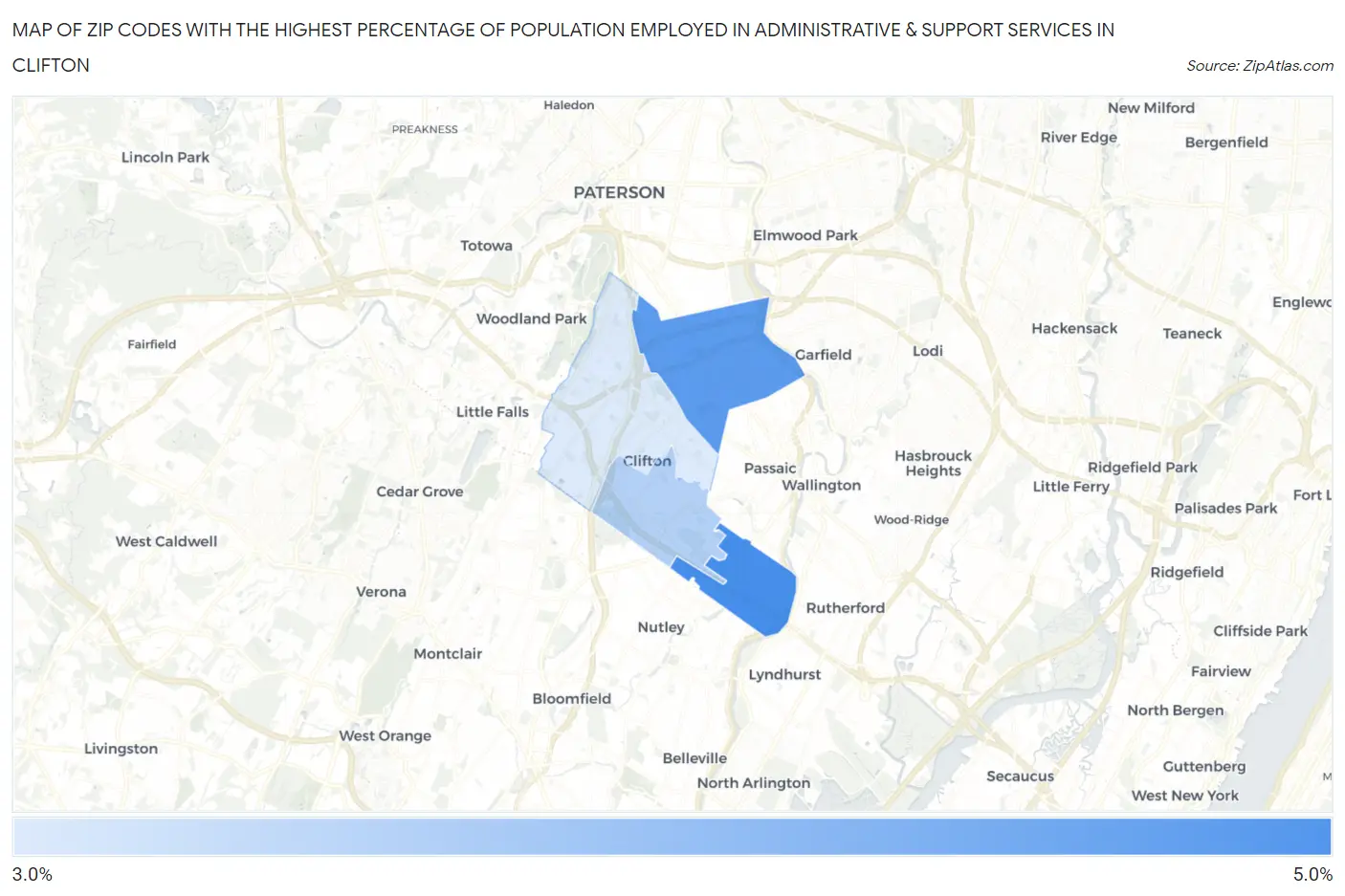 Zip Codes with the Highest Percentage of Population Employed in Administrative & Support Services in Clifton Map