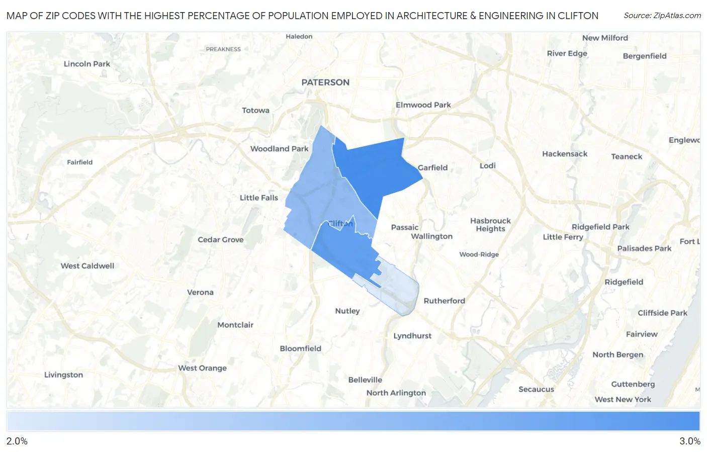 Zip Codes with the Highest Percentage of Population Employed in Architecture & Engineering in Clifton Map