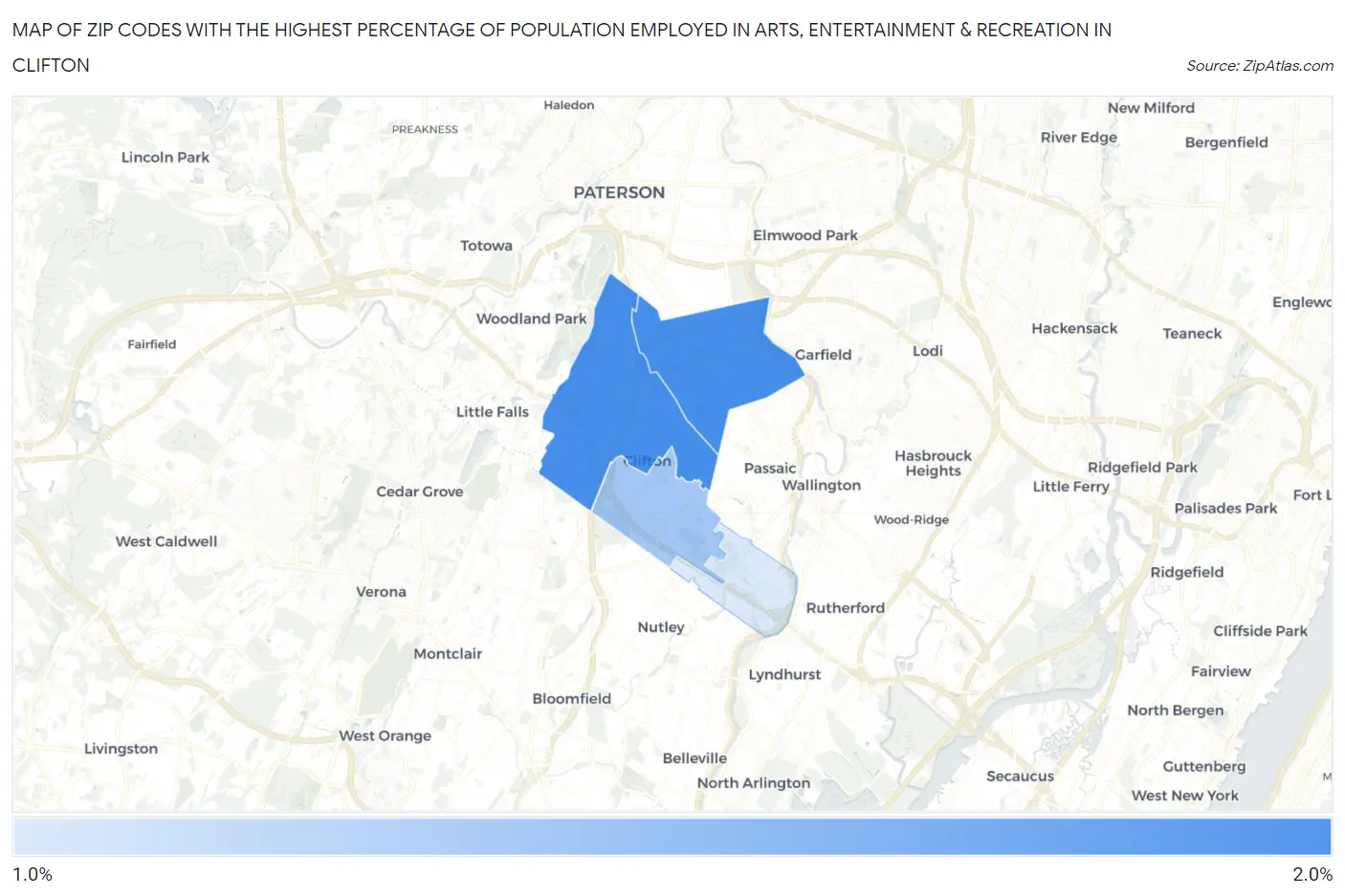 Zip Codes with the Highest Percentage of Population Employed in Arts, Entertainment & Recreation in Clifton Map