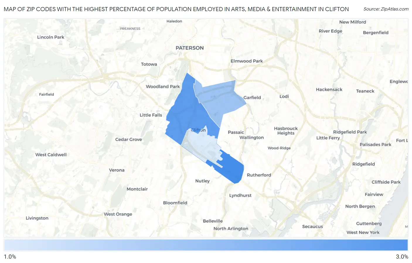 Zip Codes with the Highest Percentage of Population Employed in Arts, Media & Entertainment in Clifton Map