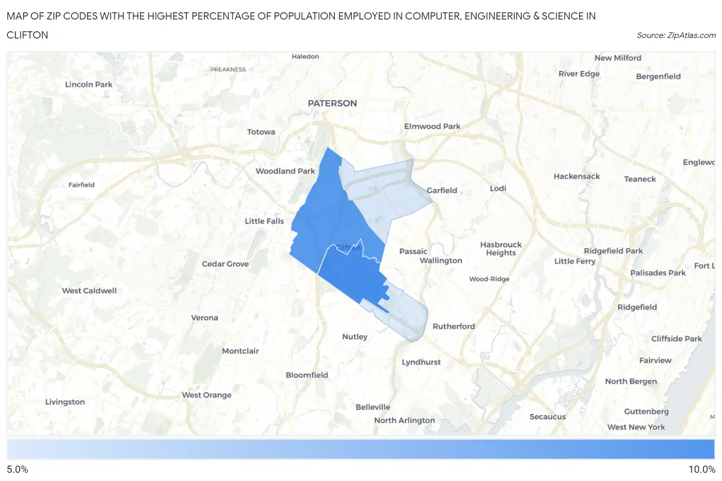 Zip Codes with the Highest Percentage of Population Employed in Computer, Engineering & Science in Clifton Map