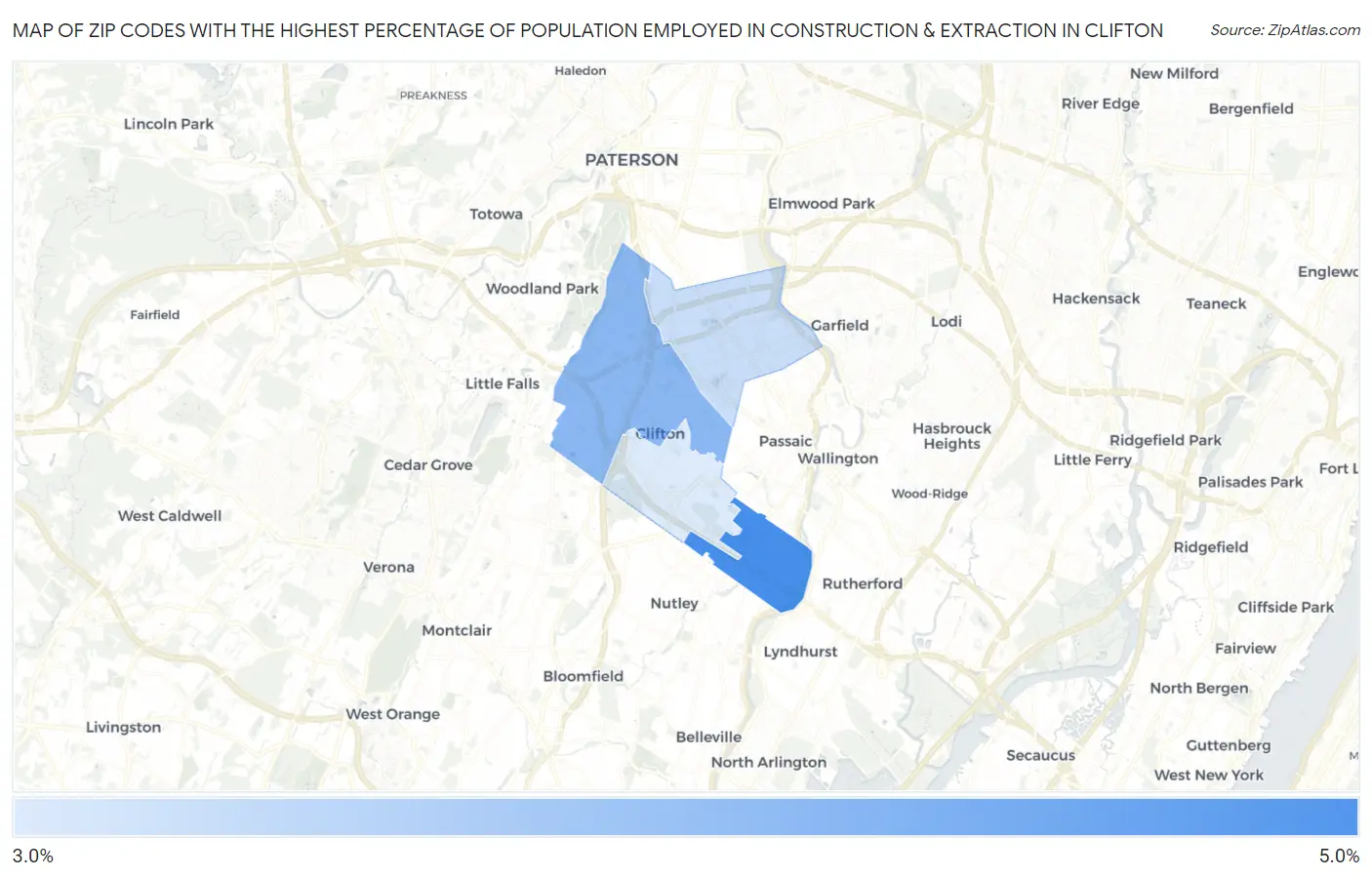 Zip Codes with the Highest Percentage of Population Employed in Construction & Extraction in Clifton Map