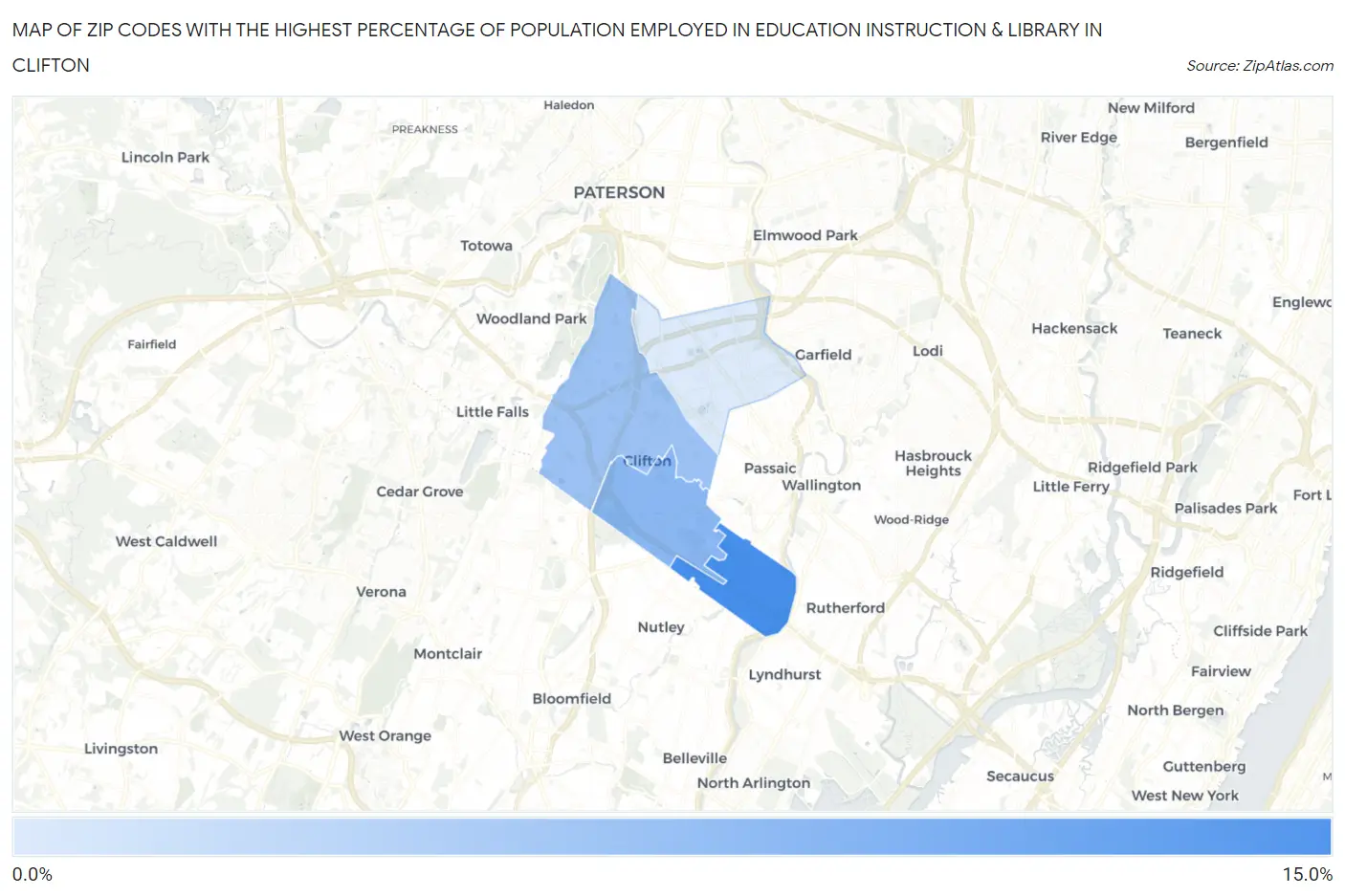 Zip Codes with the Highest Percentage of Population Employed in Education Instruction & Library in Clifton Map