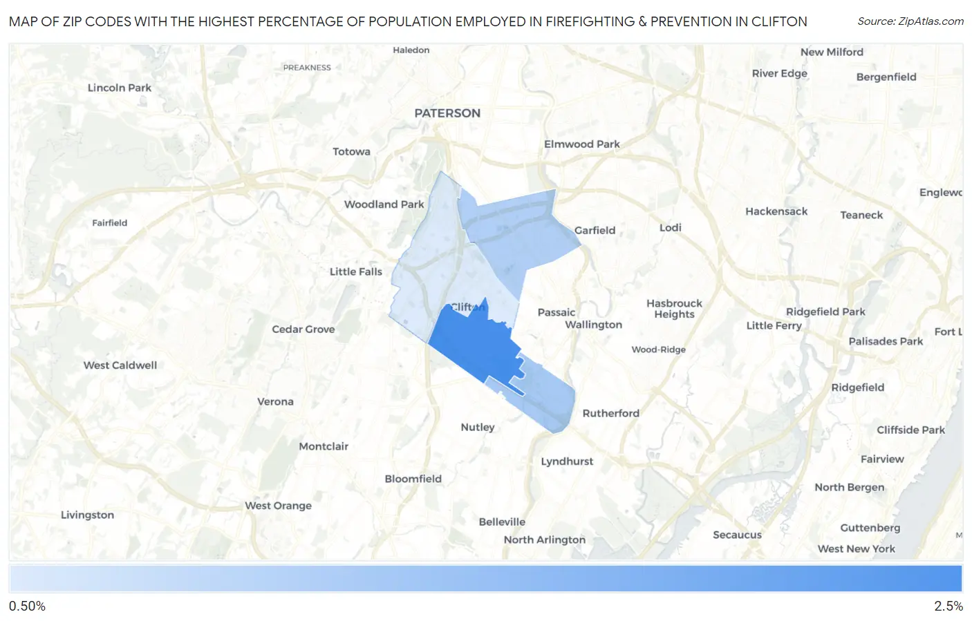 Zip Codes with the Highest Percentage of Population Employed in Firefighting & Prevention in Clifton Map