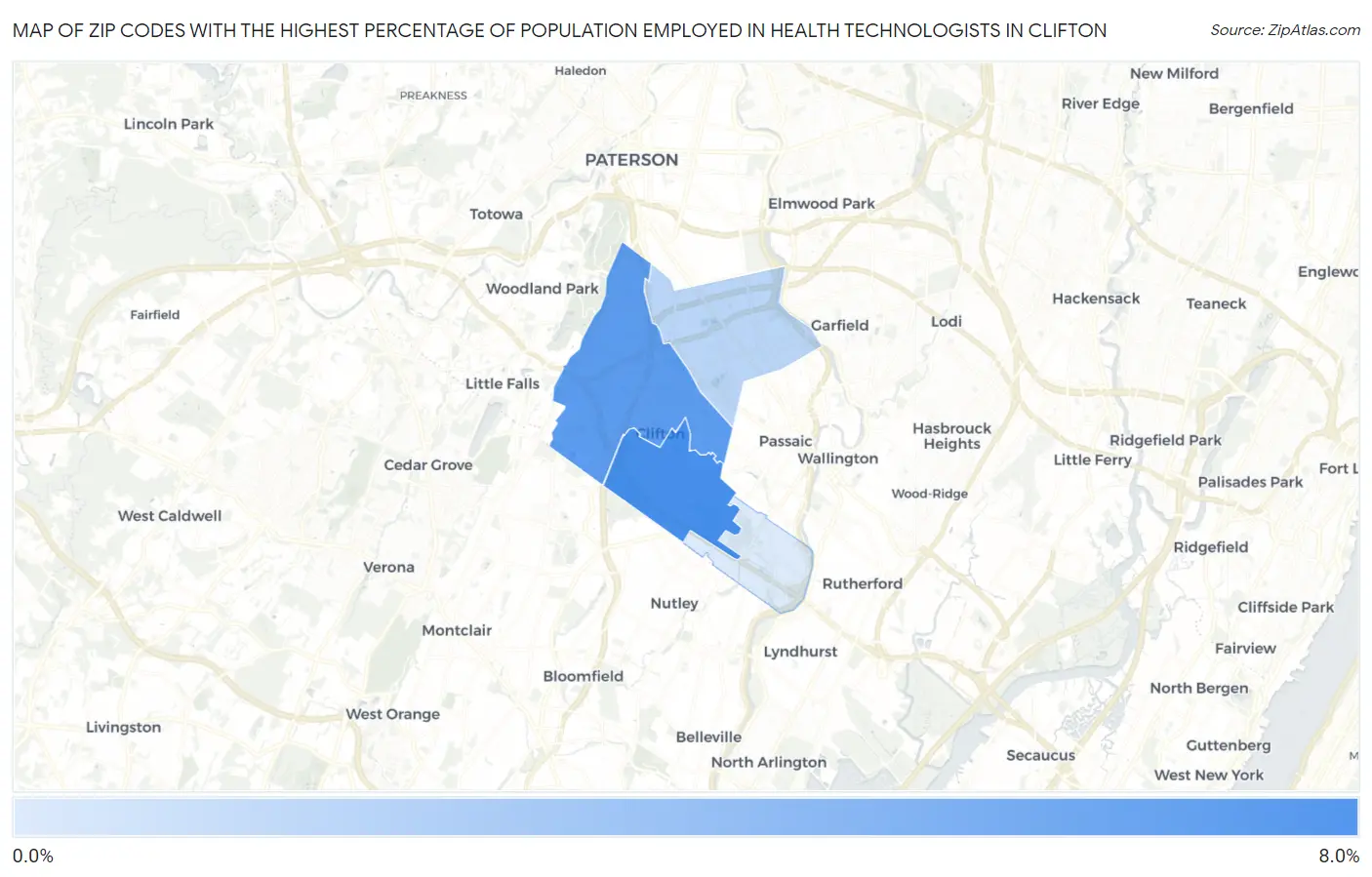 Zip Codes with the Highest Percentage of Population Employed in Health Technologists in Clifton Map