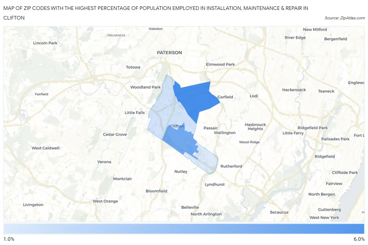 Zip Codes with the Highest Percentage of Population Employed in Installation, Maintenance & Repair in Clifton Map