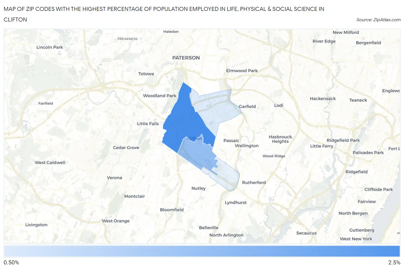 Zip Codes with the Highest Percentage of Population Employed in Life, Physical & Social Science in Clifton Map