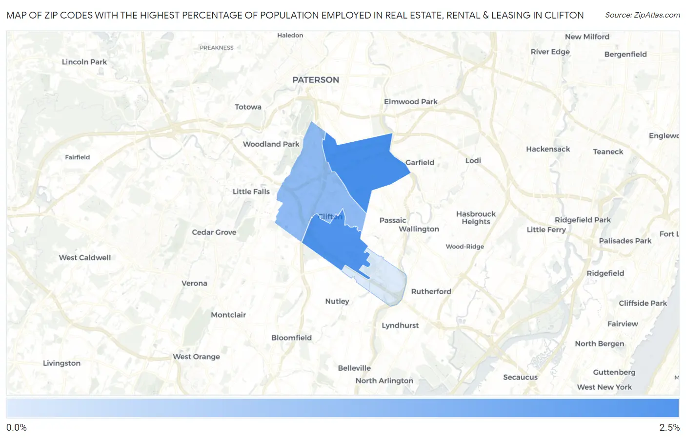 Zip Codes with the Highest Percentage of Population Employed in Real Estate, Rental & Leasing in Clifton Map