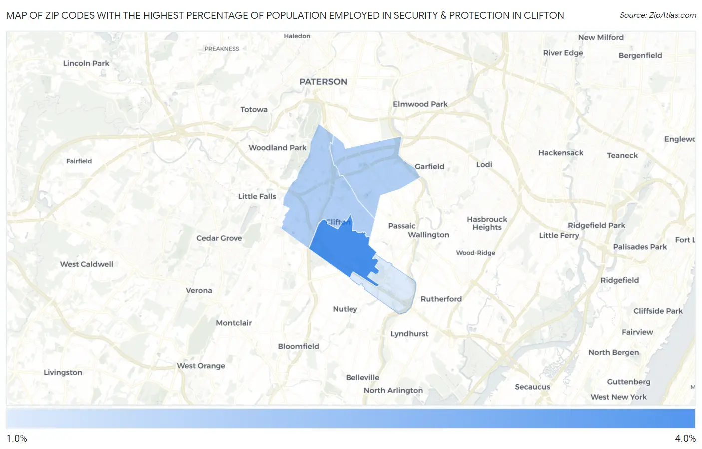 Zip Codes with the Highest Percentage of Population Employed in Security & Protection in Clifton Map