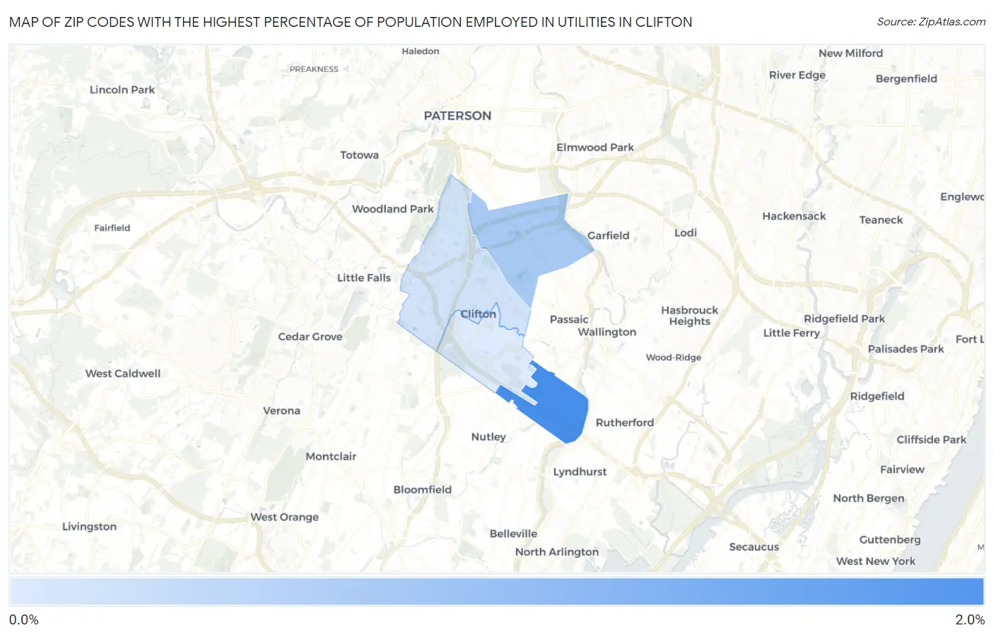 Zip Codes with the Highest Percentage of Population Employed in Utilities in Clifton Map