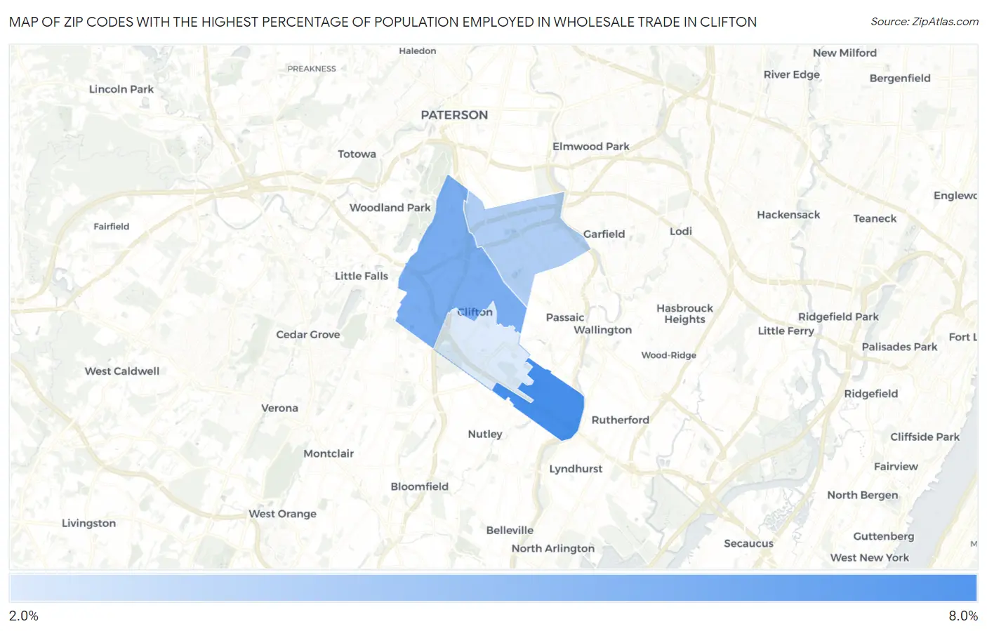 Zip Codes with the Highest Percentage of Population Employed in Wholesale Trade in Clifton Map